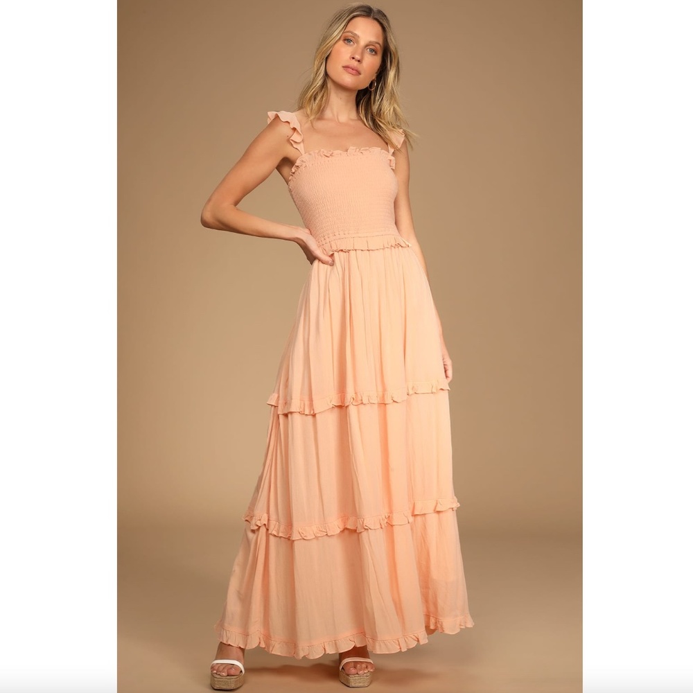 Lulus Fun Afternoon Peach Pink Smocked Tiered Maxi Dress